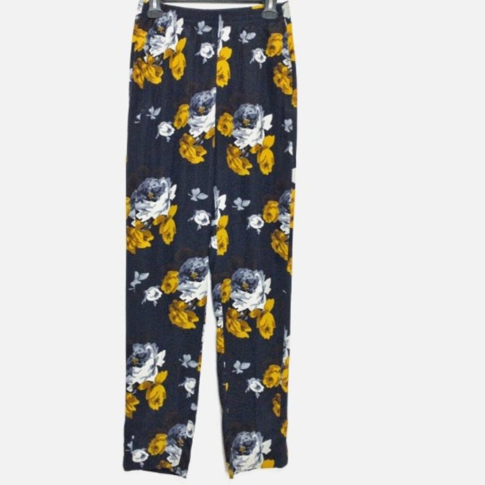 Theory Viewpine Distressed Floral Silk Pants Nocturne Black Yellow Size 10